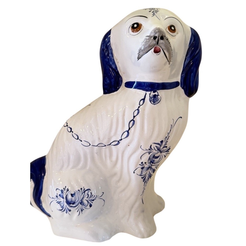 Hand Painted Portugal Blue White Ceramic Staffordshire Spaniel Dog Figurine